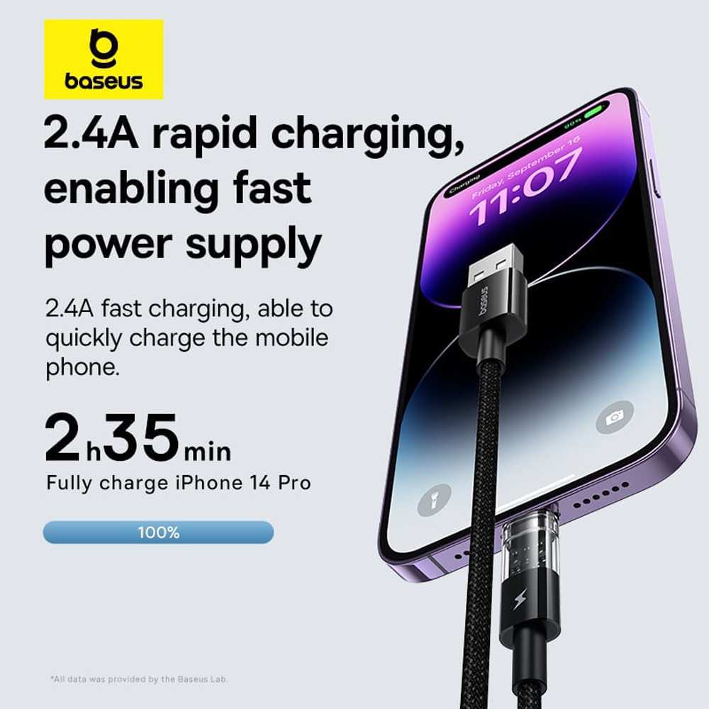 کابل فست شارژ USB به لایتنینگ 20 وات 2.4 آمپر یک متری طرح شفاف بیسوس CB000117