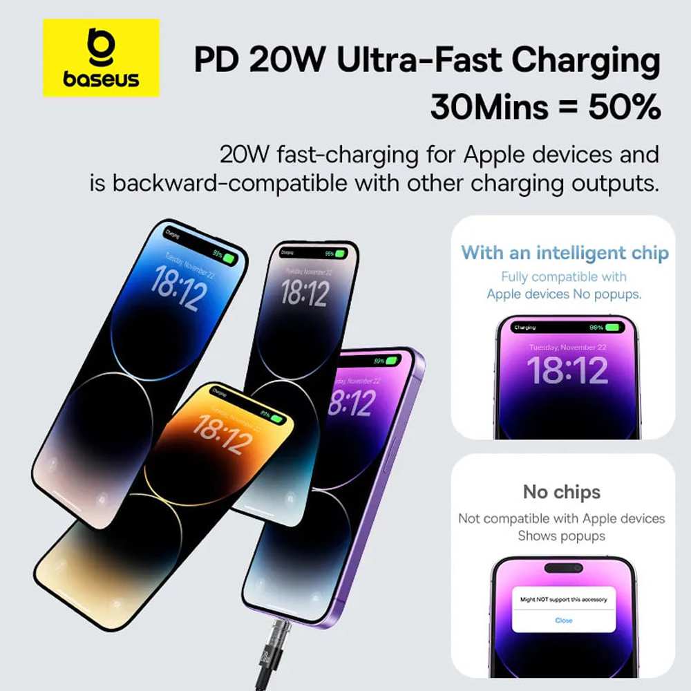 کابل فست شارژ USB به لایتنینگ 20 وات 2.4 آمپر یک متری طرح شفاف بیسوس CB000117