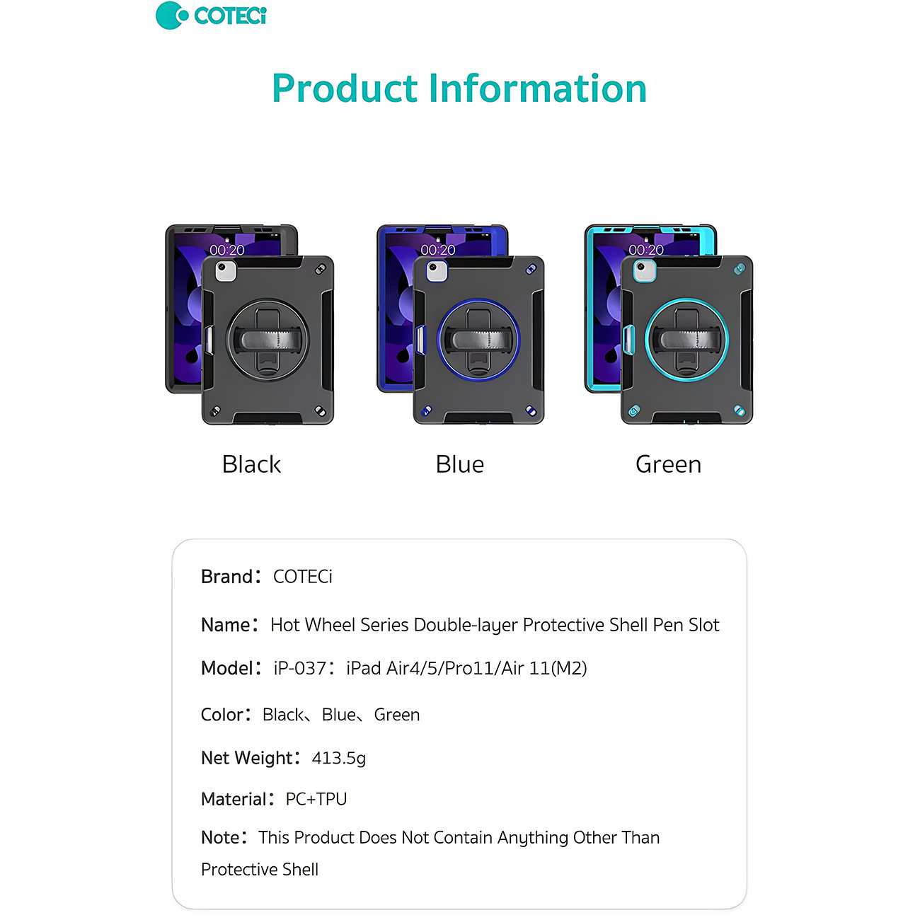 کاور محافظ آیپد ایر 10.9 اینچ (نسل 4 و 5)، آیپد پرو 11 اینچ (نسل 2، 3 و 4)، آیپد ایر 11 اینچ M2/M3 کوتسی iP-037 با پایه نگهدارنده چرخشی و بند دستی