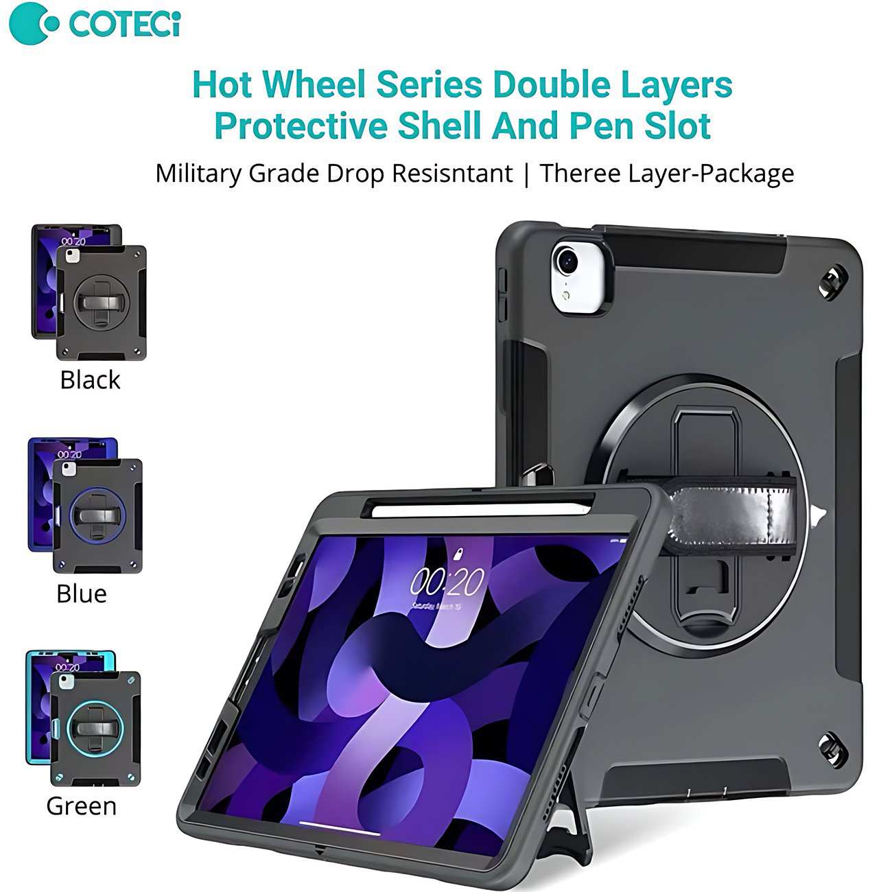 کاور محافظ آیپد ایر 10.9 اینچ (نسل 4 و 5)، آیپد پرو 11 اینچ (نسل 2، 3 و 4)، آیپد ایر 11 اینچ M2/M3 کوتسی iP-037 با پایه نگهدارنده چرخشی و بند دستی