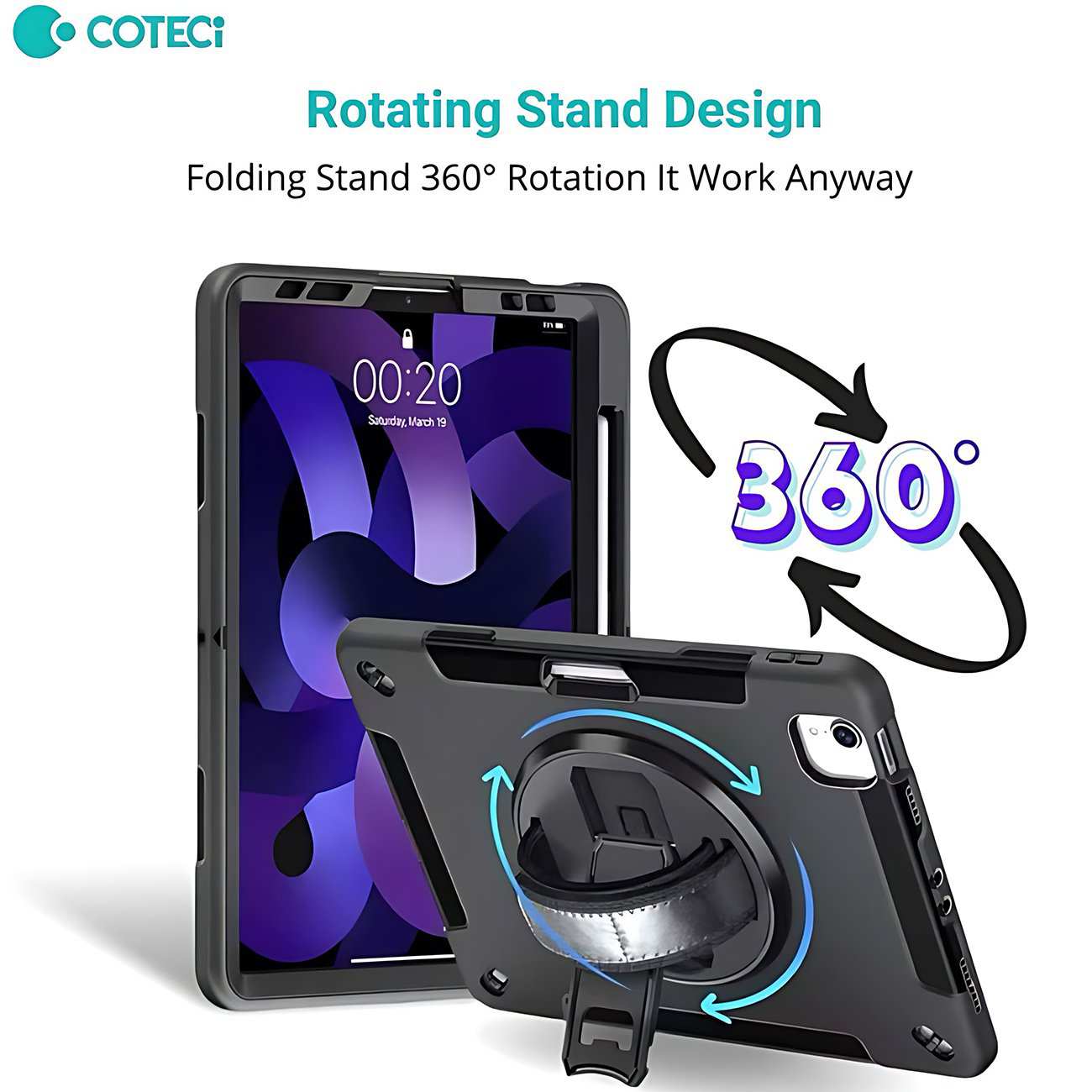 کاور محافظ آیپد ایر 10.9 اینچ (نسل 4 و 5)، آیپد پرو 11 اینچ (نسل 2، 3 و 4)، آیپد ایر 11 اینچ M2/M3 کوتسی iP-037 با پایه نگهدارنده چرخشی و بند دستی