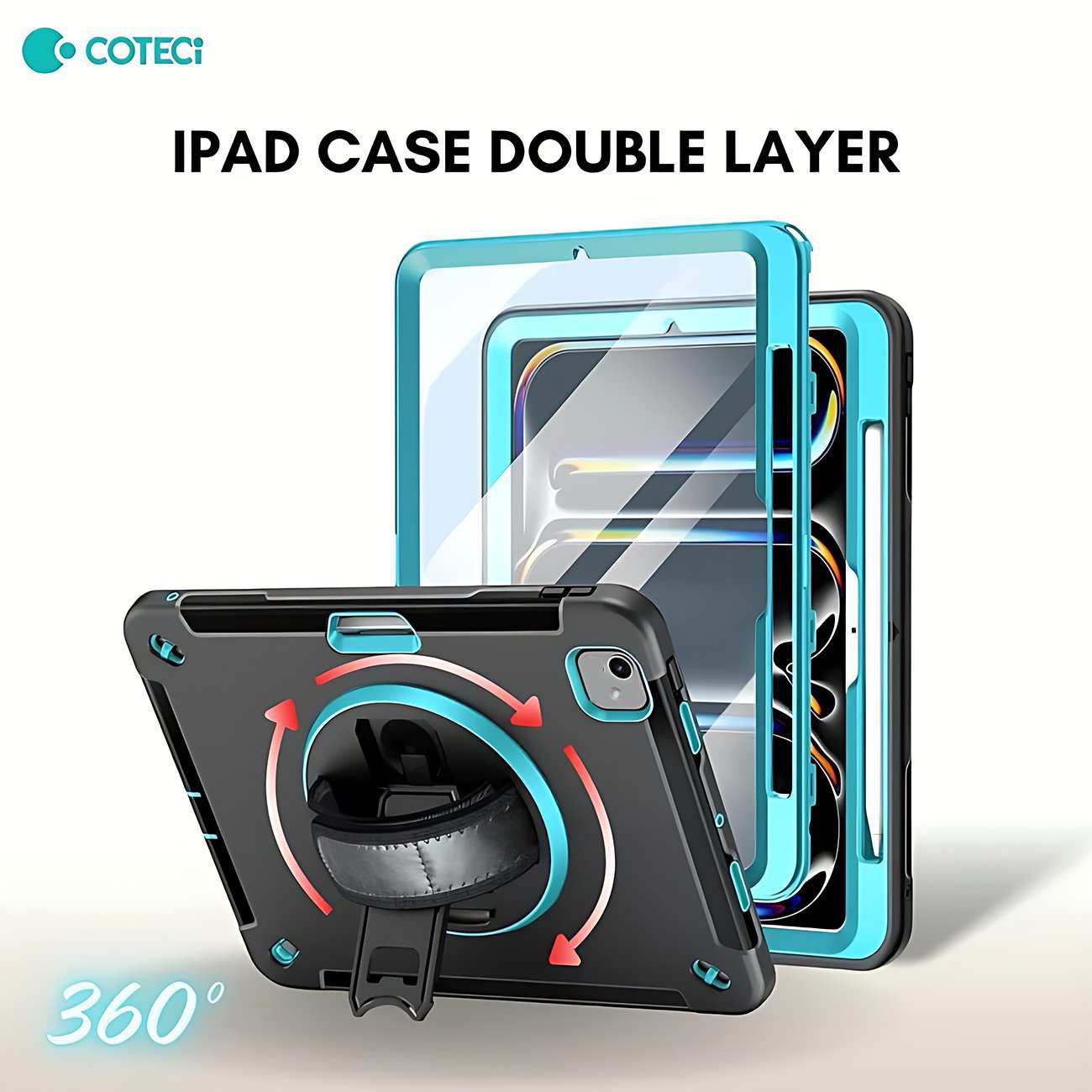 کاور محافظ آیپد ایر 10.9 اینچ (نسل 4 و 5)، آیپد پرو 11 اینچ (نسل 2، 3 و 4)، آیپد ایر 11 اینچ M2/M3 کوتسی iP-037 با پایه نگهدارنده چرخشی و بند دستی