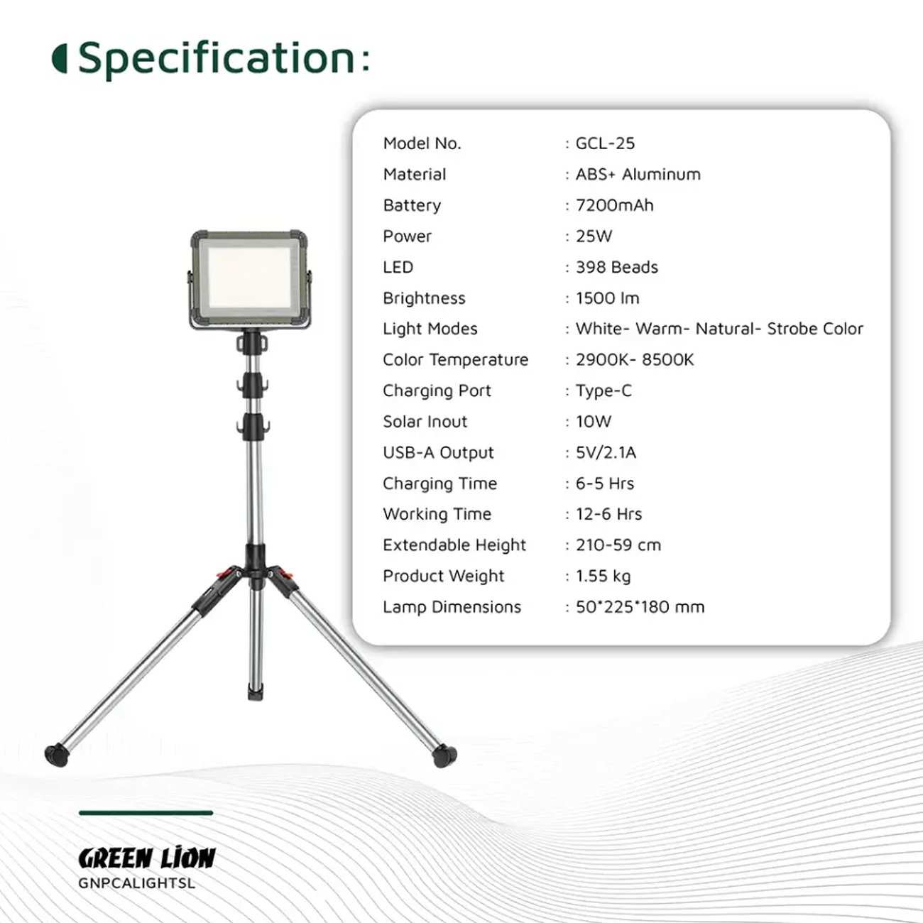 چراغ کمپینگ خورشیدی گرین لاین GNPCALIGHTSL / GCL-25 همراه ریموت کنترل