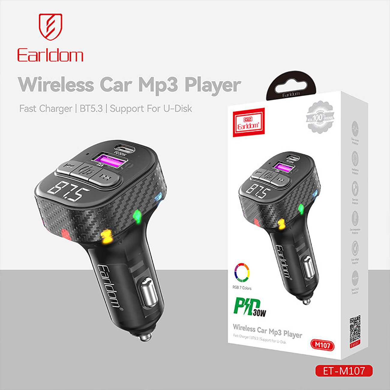 شارژر فندکی فست شارژ ماشین تایپ سی و افامپلیر بلوتوثی ارلدام ET-M107