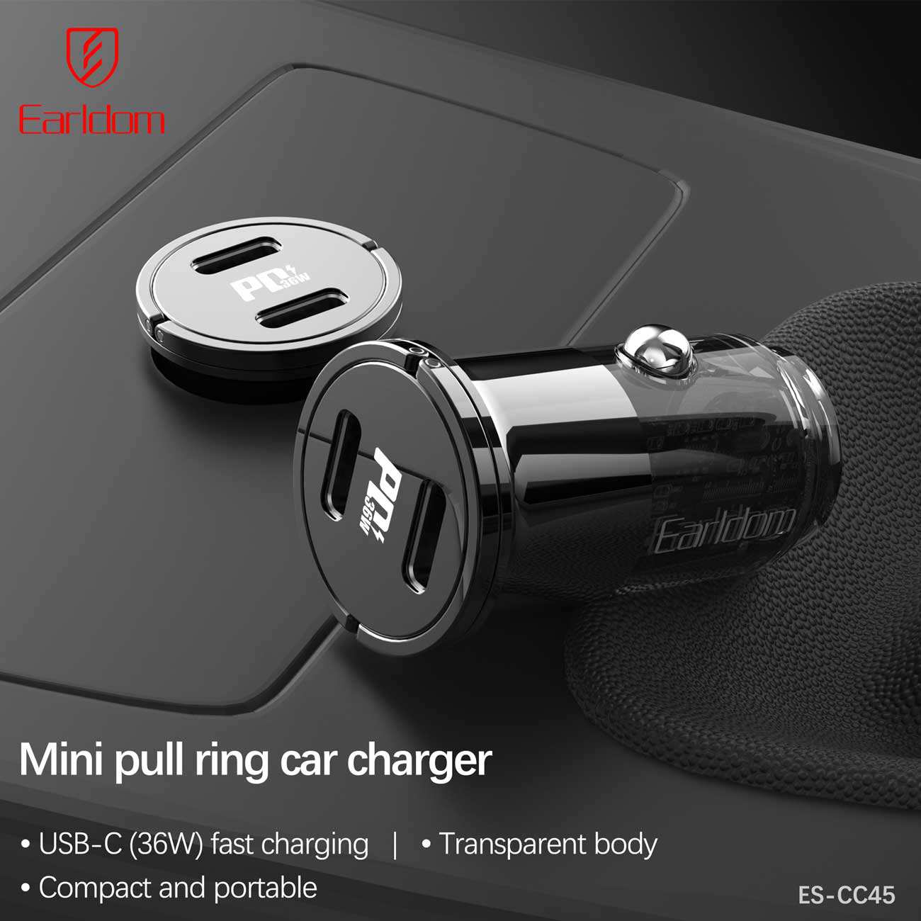 شارژر فندکی فست شارژ ماشین تایپ سی 36 وات ارلدام CC45