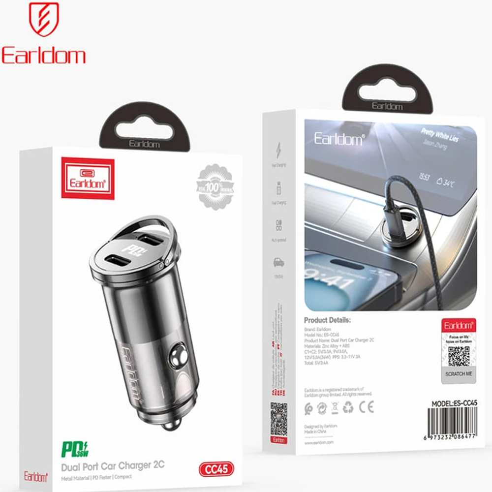 شارژر فندکی فست شارژ ماشین تایپ سی 36 وات ارلدام CC45