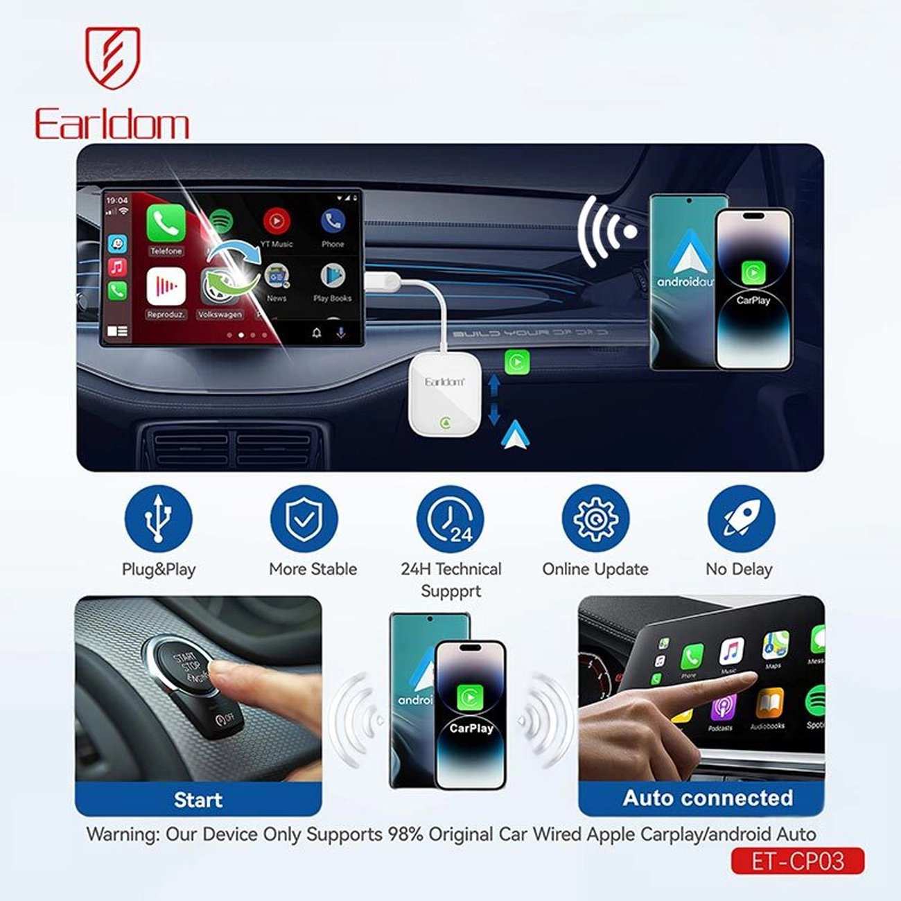 دانگل وایرلس اپل CarPlay و Android Auto یو اس بی ارلدام CP03 با دانگل تایپ سی