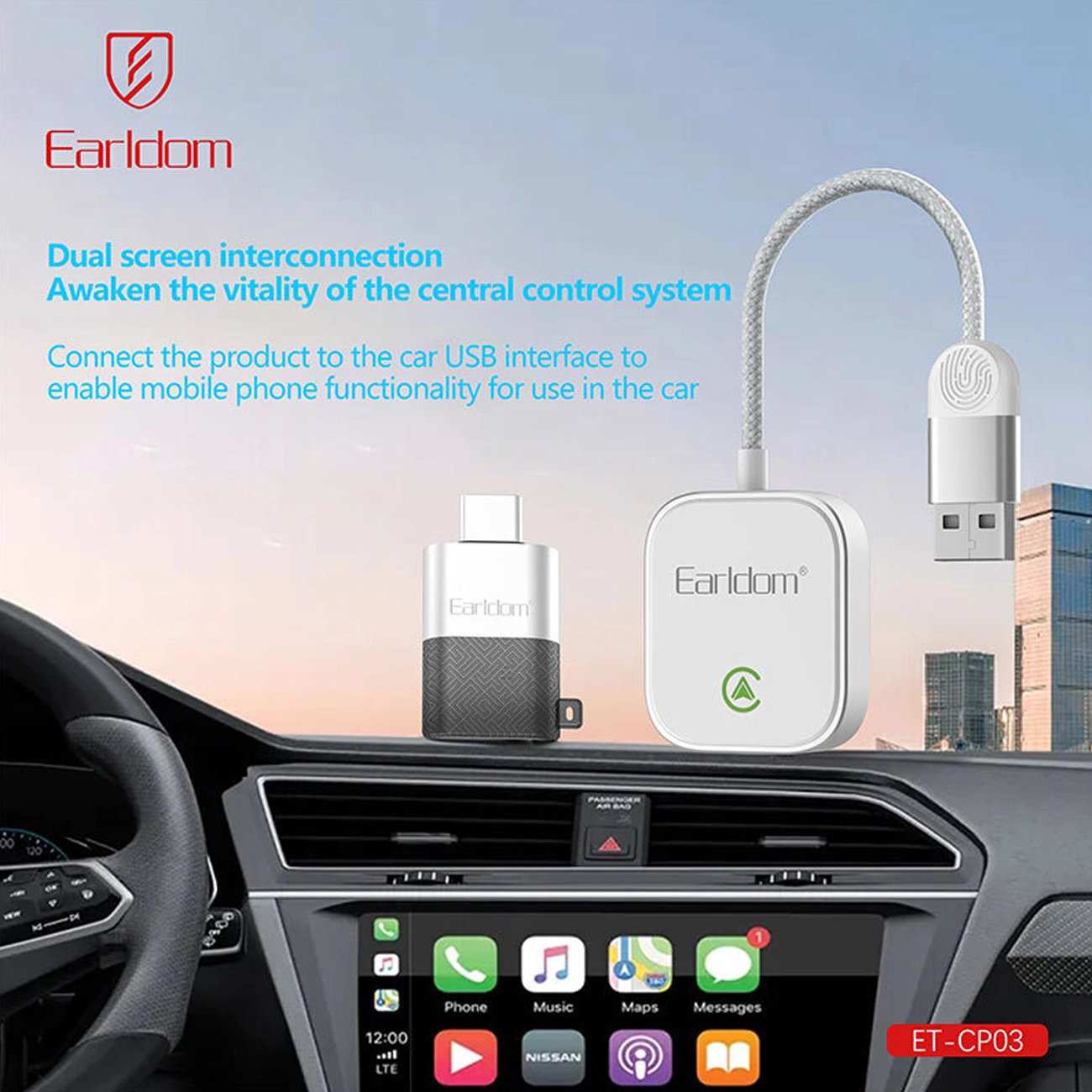 دانگل وایرلس اپل CarPlay و Android Auto یو اس بی ارلدام CP03 با دانگل تایپ سی