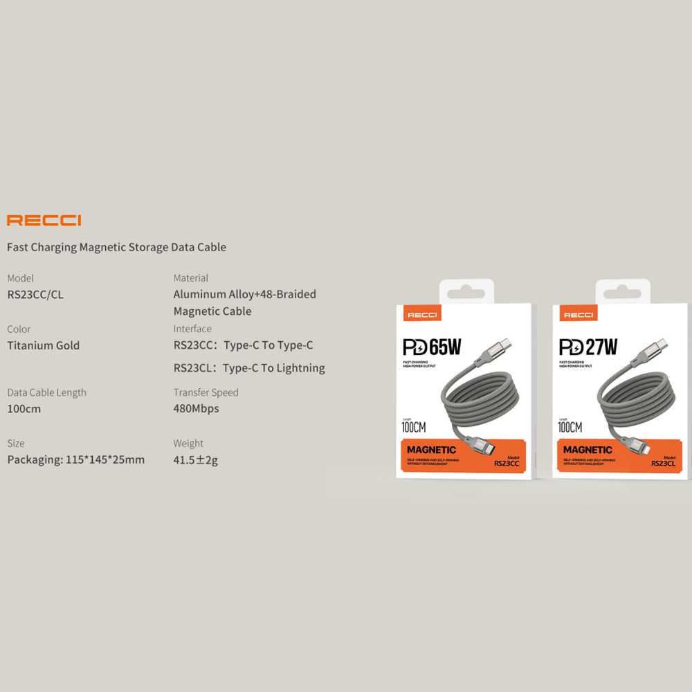 کابل تایپ سی به تایپ سی مگنتی 65 وات 100 سانتیمتری رسی RS23CC