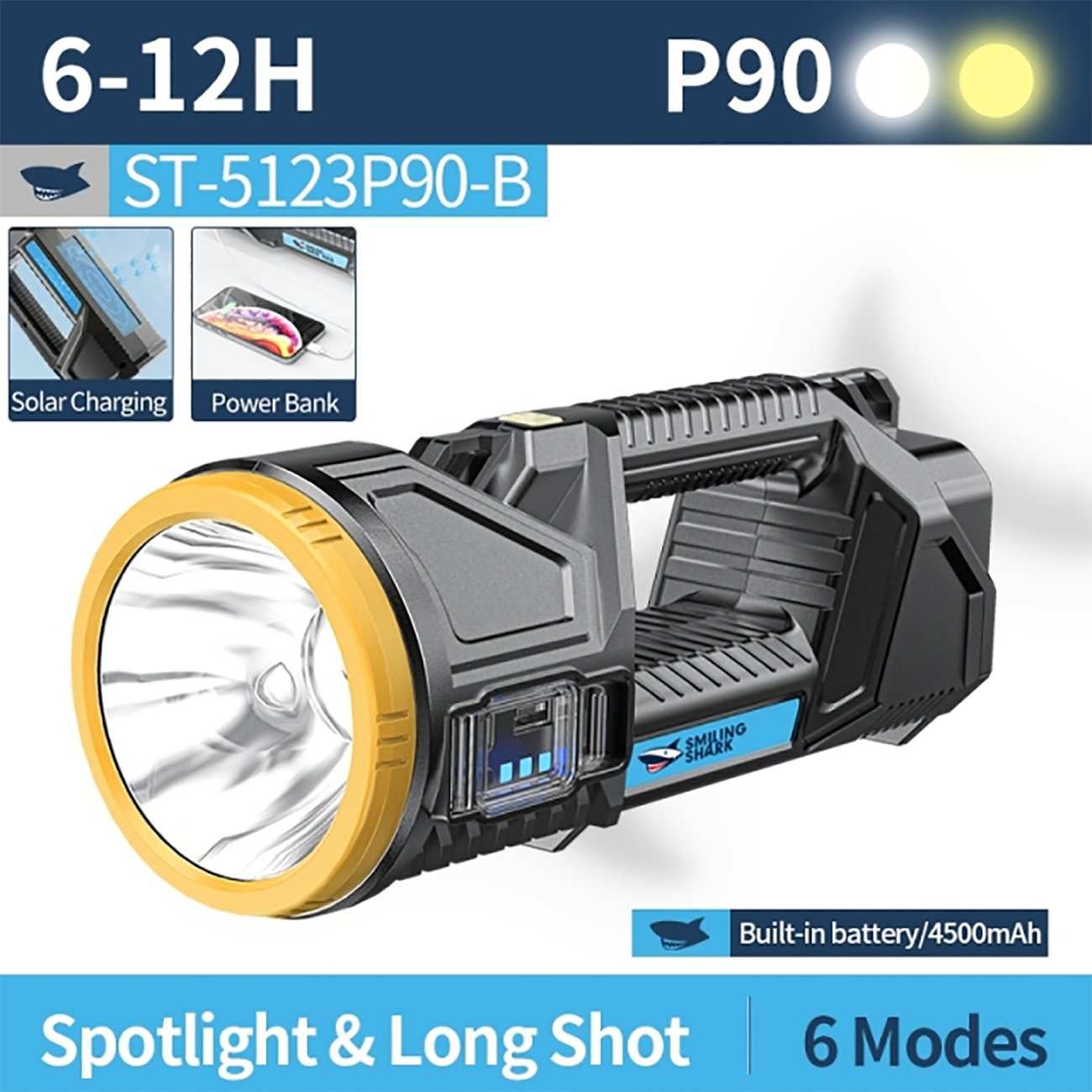 چراغ قوه شارژی و خورشیدی اسمایلینک شارک ST5123P90-B