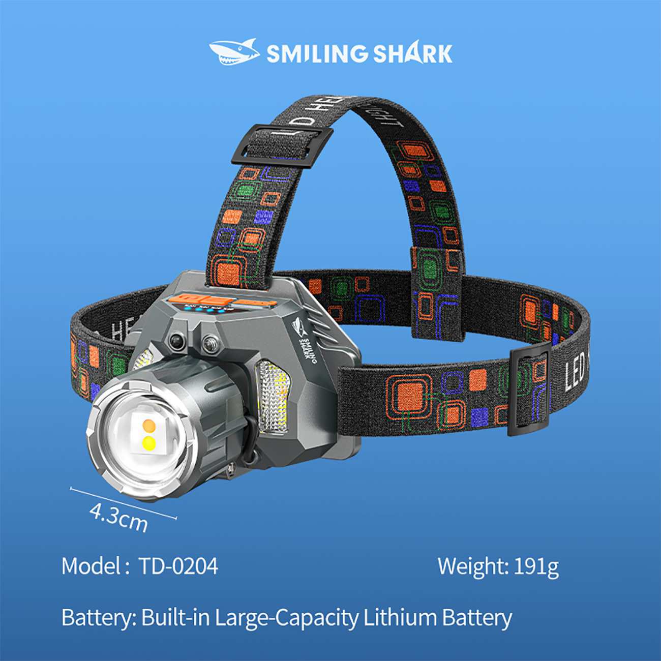 هدلایت 3000 میلی آمپر ساعت اسمایلینگ شارک TD0204 با روشنایی فوق العاده 6000 لومن