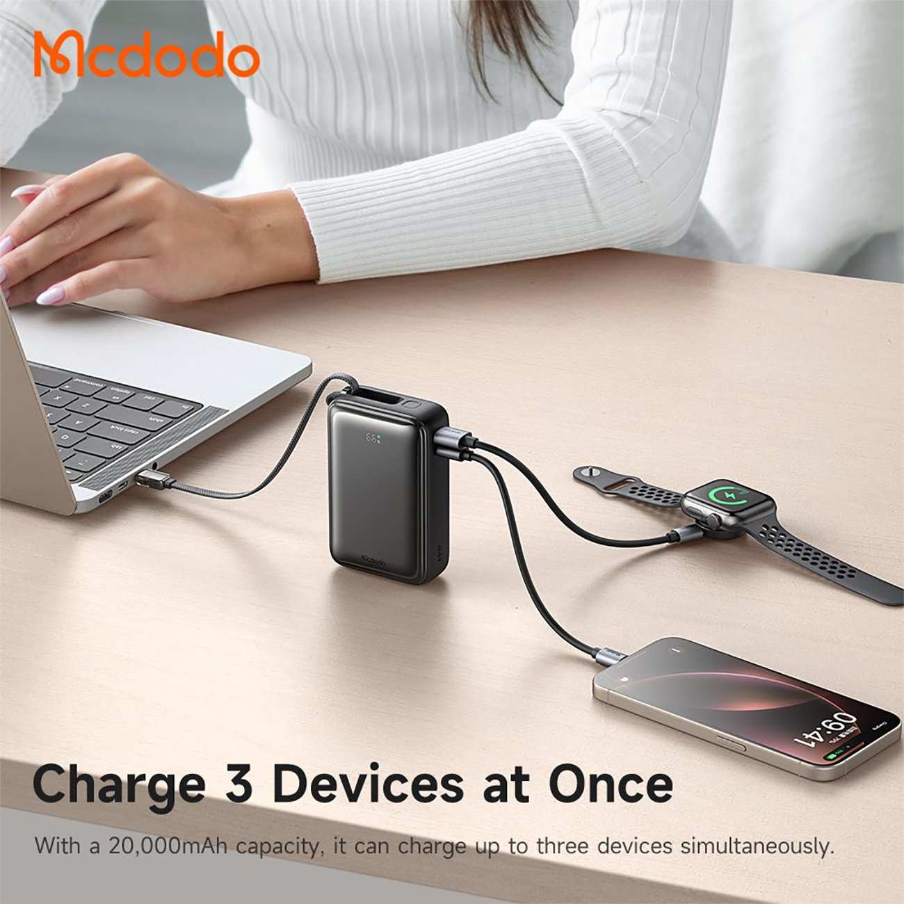 پاوربانک 20000 یواسبی و تایپسی 65 وات مک دودو MC-6370 با کابل متصل