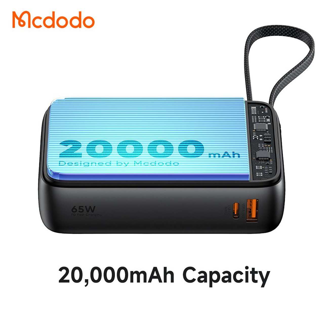 پاوربانک 20000 یواسبی و تایپسی 65 وات مک دودو MC-6370 با کابل متصل