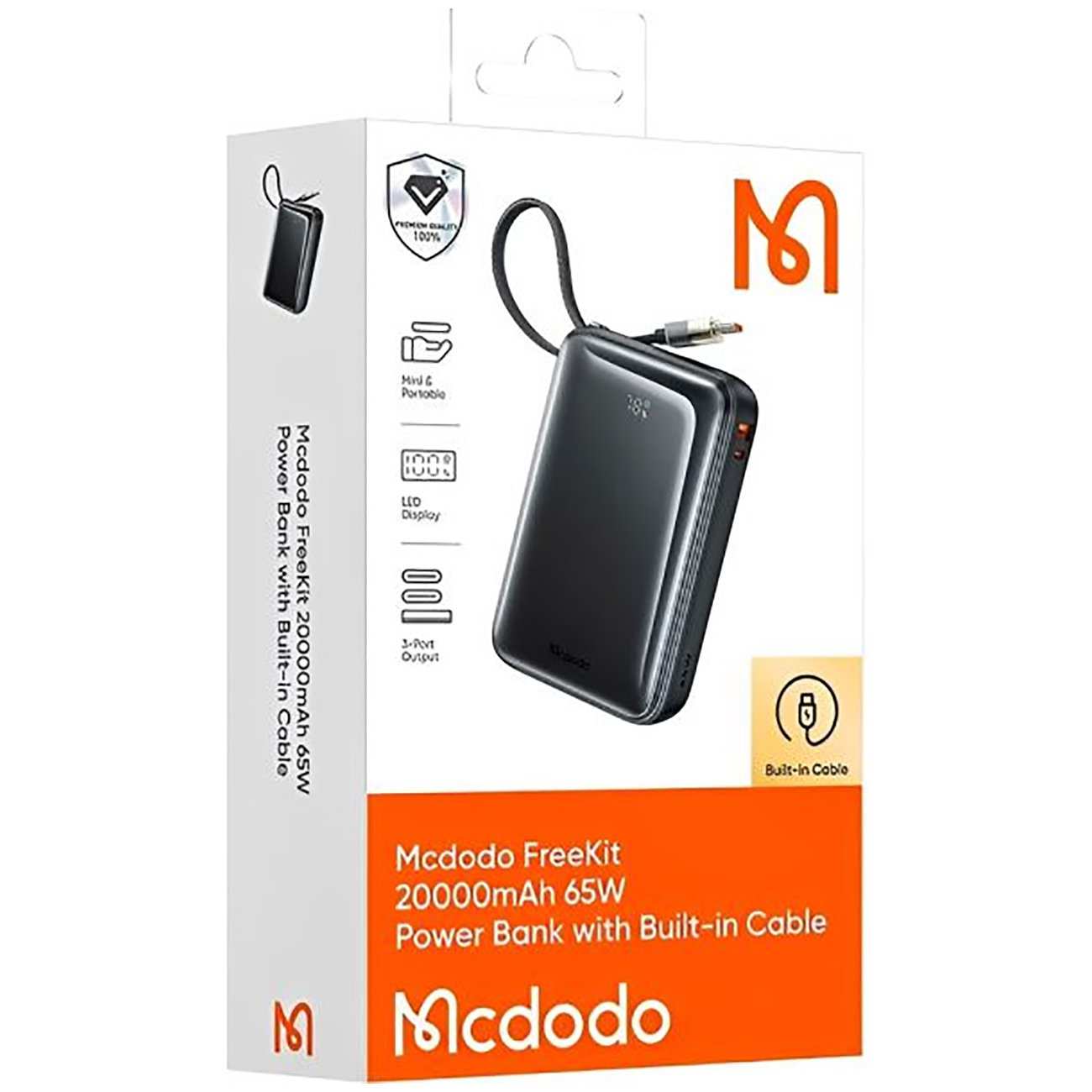 پاوربانک 20000 یواسبی و تایپسی 65 وات مک دودو MC-6370 با کابل متصل