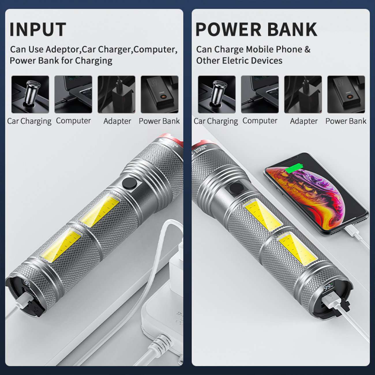 چراغ قوه دیجیتالی شارژی ضدآب و پاوربانک اسمایلینگ شارک SD-5299