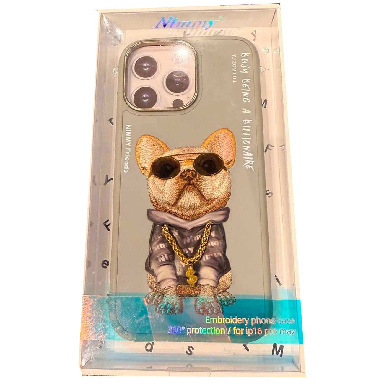 قاب گوشی آیفون 16 پرومکس طرح سگ عینکی با گردنبند واقعی و استایل بینظیر نیمی YJ202101