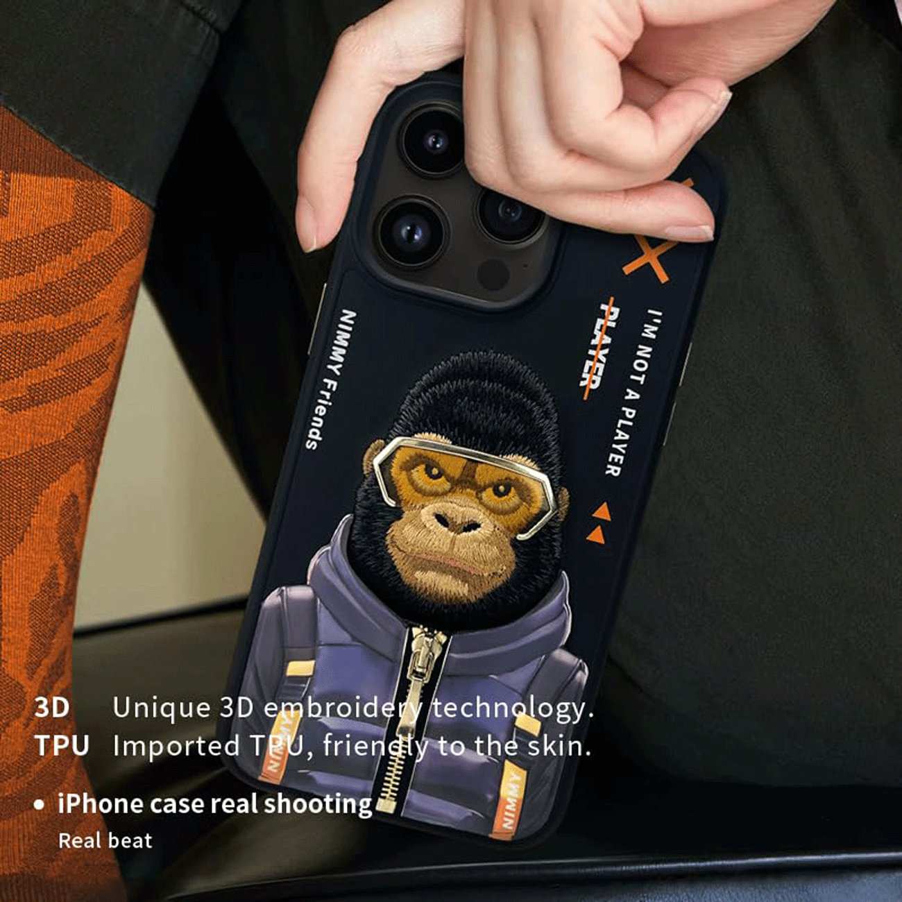 قاب مغناطیسی آیفون 16 پرو طرح گوریل با عینک و زیپ واقعی نیمی KM-016