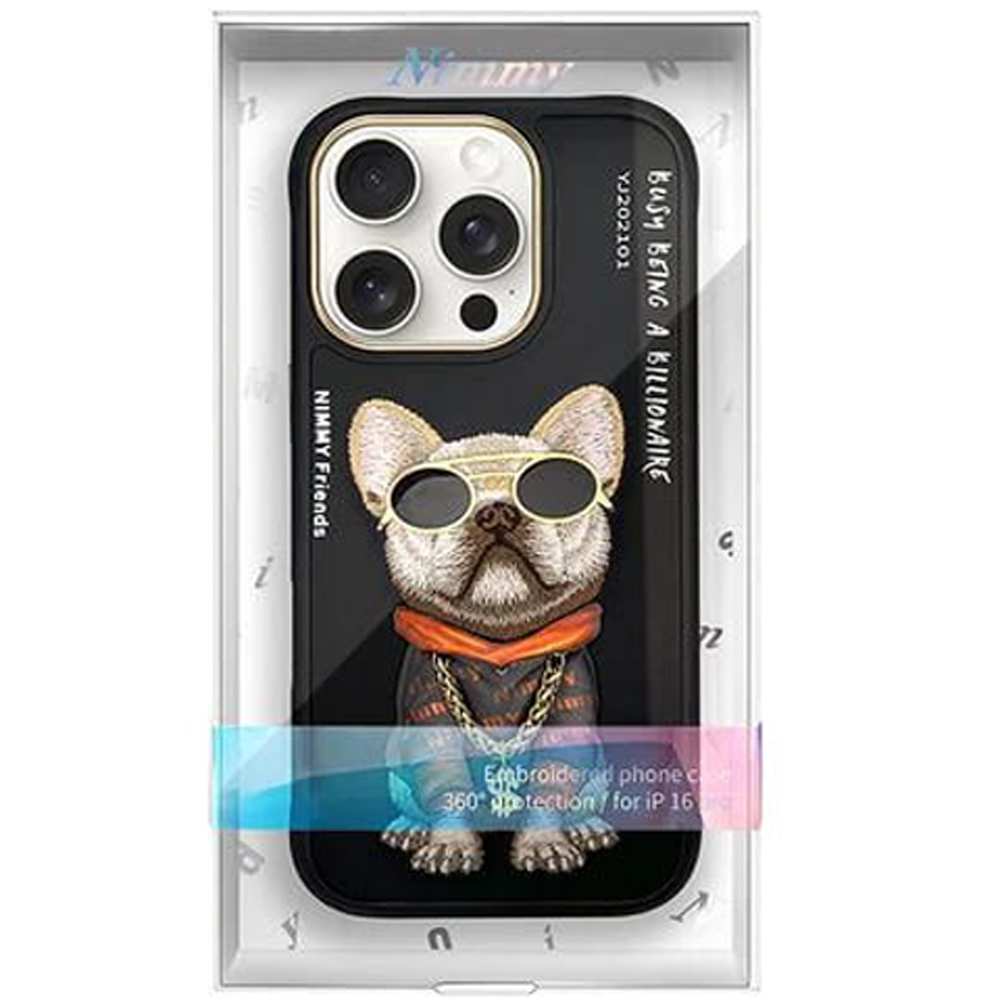 قاب محافظ گوشی آیفون 16 پرو بولداگ با زنجیر و عینک واقعی نیمی 01