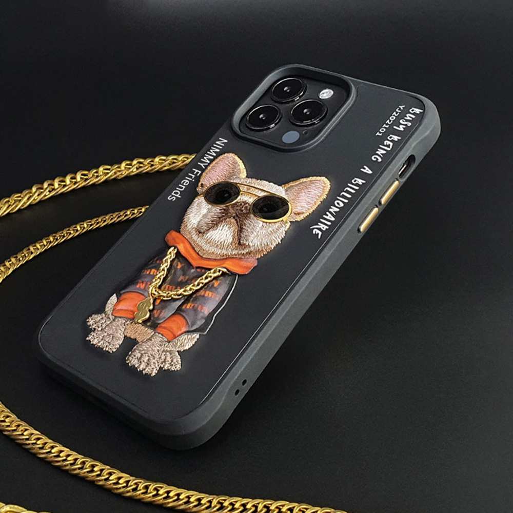 قاب محافظ گوشی آیفون 16 پرو بولداگ با زنجیر و عینک واقعی نیمی 01