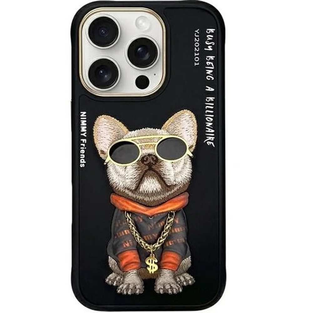 قاب محافظ گوشی آیفون 16 پرو بولداگ با زنجیر و عینک واقعی نیمی 01