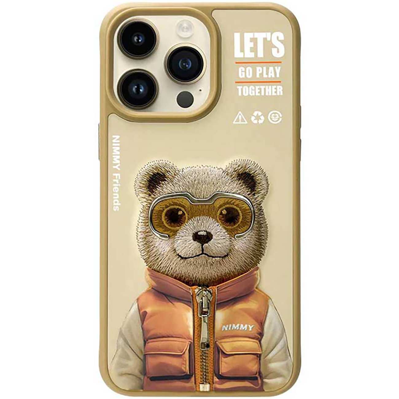 قاب مغناطیسی گوشی آیفون 16پرو طرح خرس با عینک و زیپ واقعی نیمی Embroidery