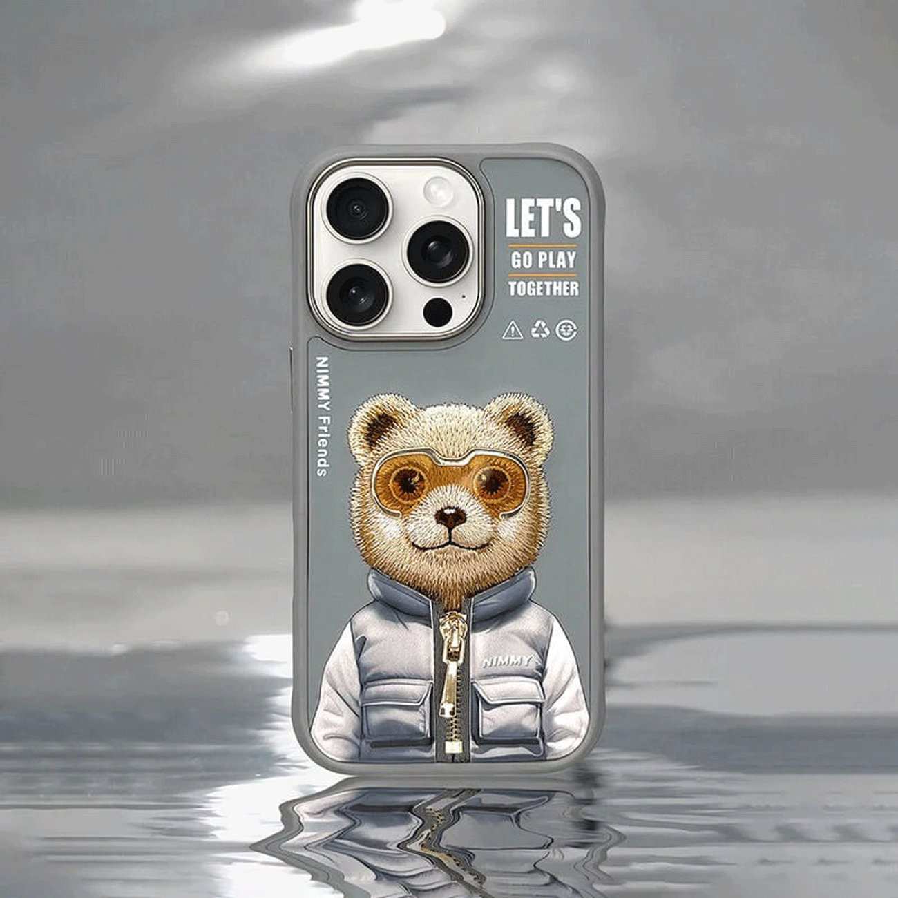 قاب مغناطیسی گوشی آیفون 16پرو طرح خرس با عینک و زیپ واقعی نیمی Embroidery