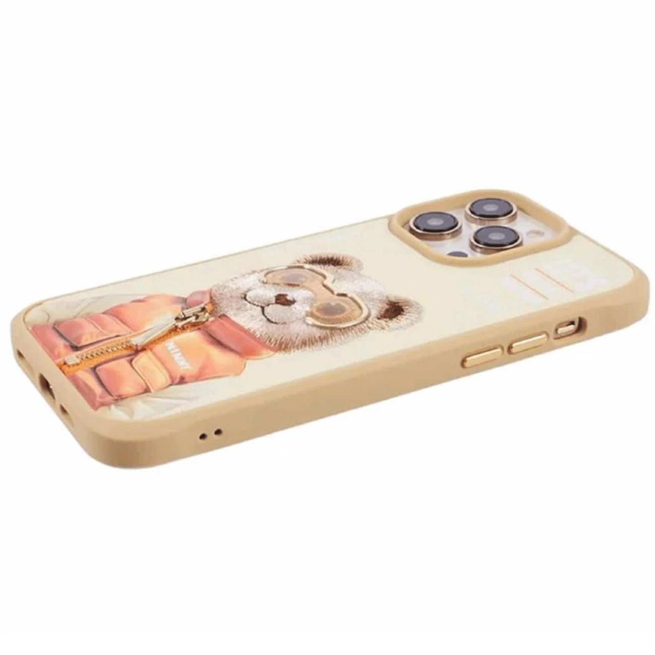 قاب مغناطیسی گوشی آیفون 16پرو طرح خرس با عینک و زیپ واقعی نیمی Embroidery