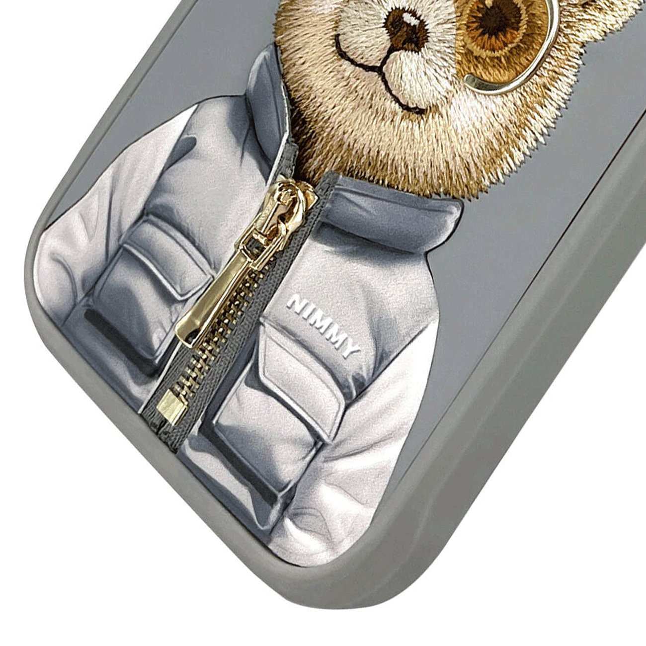 قاب مغناطیسی گوشی آیفون 16پرو طرح خرس با عینک و زیپ واقعی نیمی Embroidery