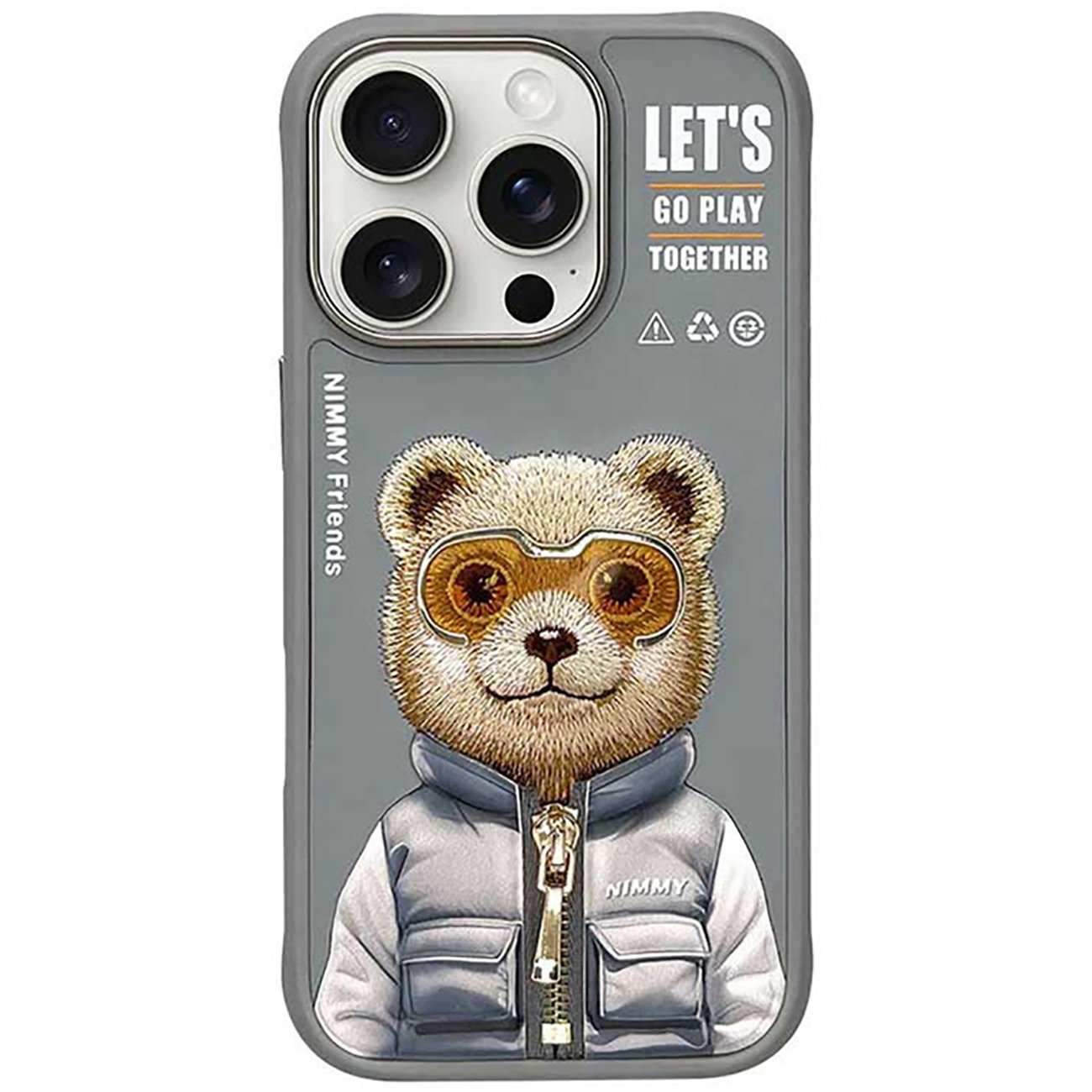 قاب مغناطیسی گوشی آیفون 16پرو طرح خرس با عینک و زیپ واقعی نیمی Embroidery