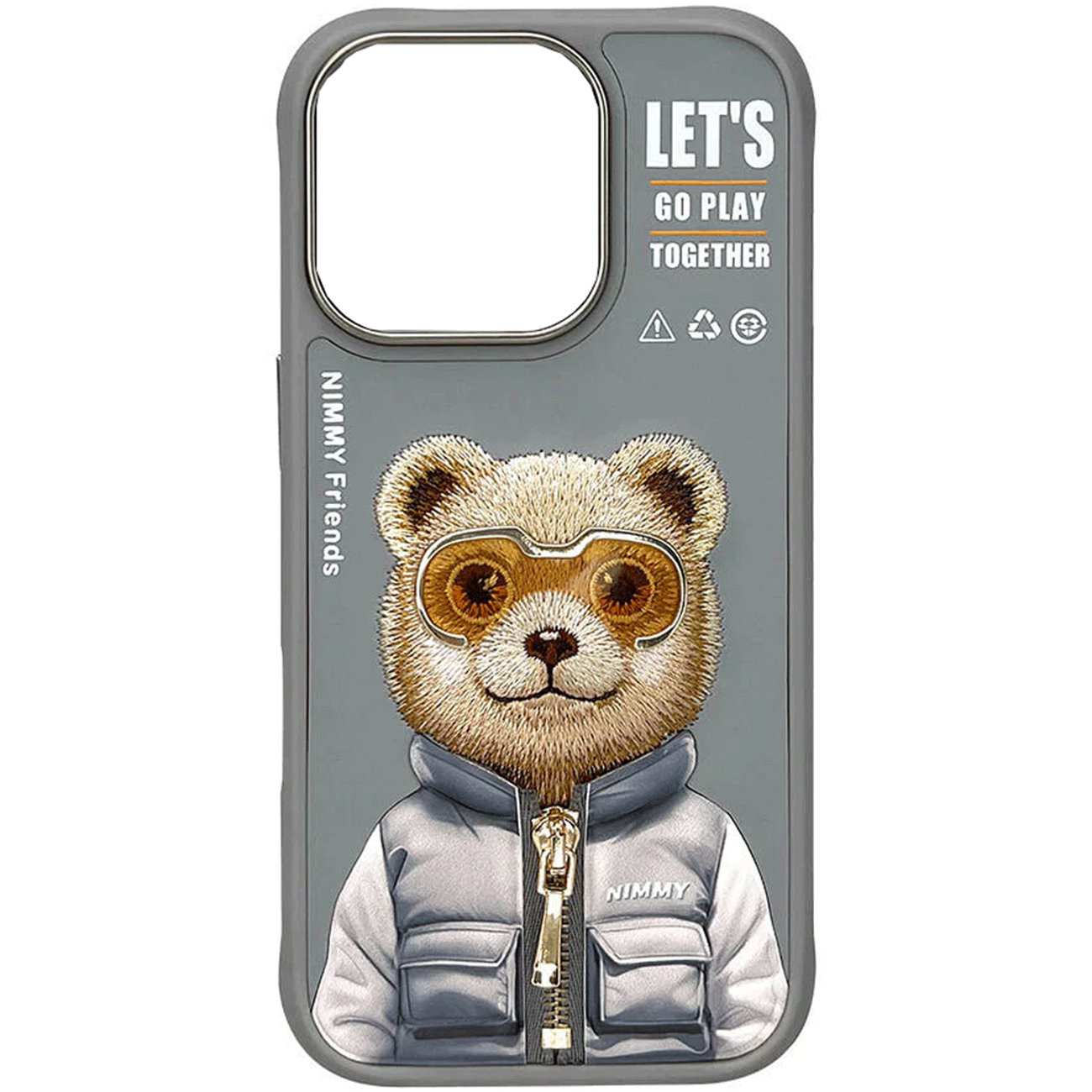 قاب مغناطیسی گوشی آیفون 16پرو طرح خرس با عینک و زیپ واقعی نیمی Embroidery