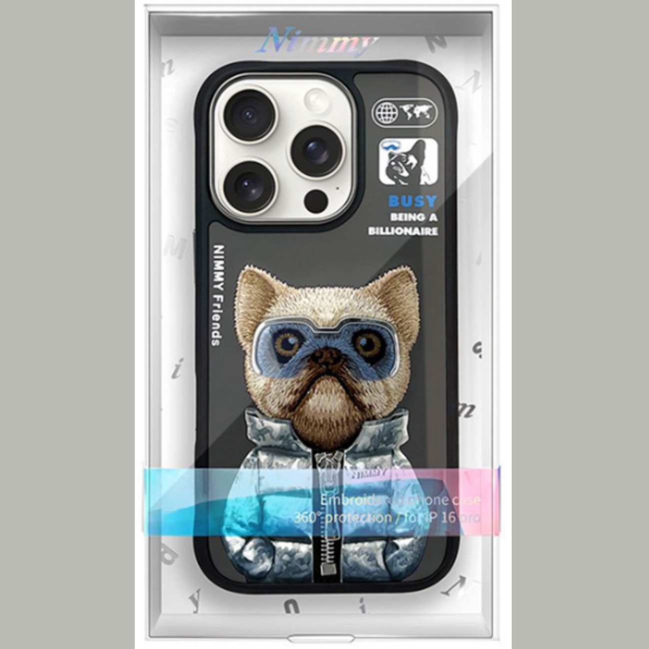 قاب محافظ گوشی آیفون 16 پرو طرح سگ عینکی با زیپ واقعی و استایل بینظیر نیمی Cool Cute