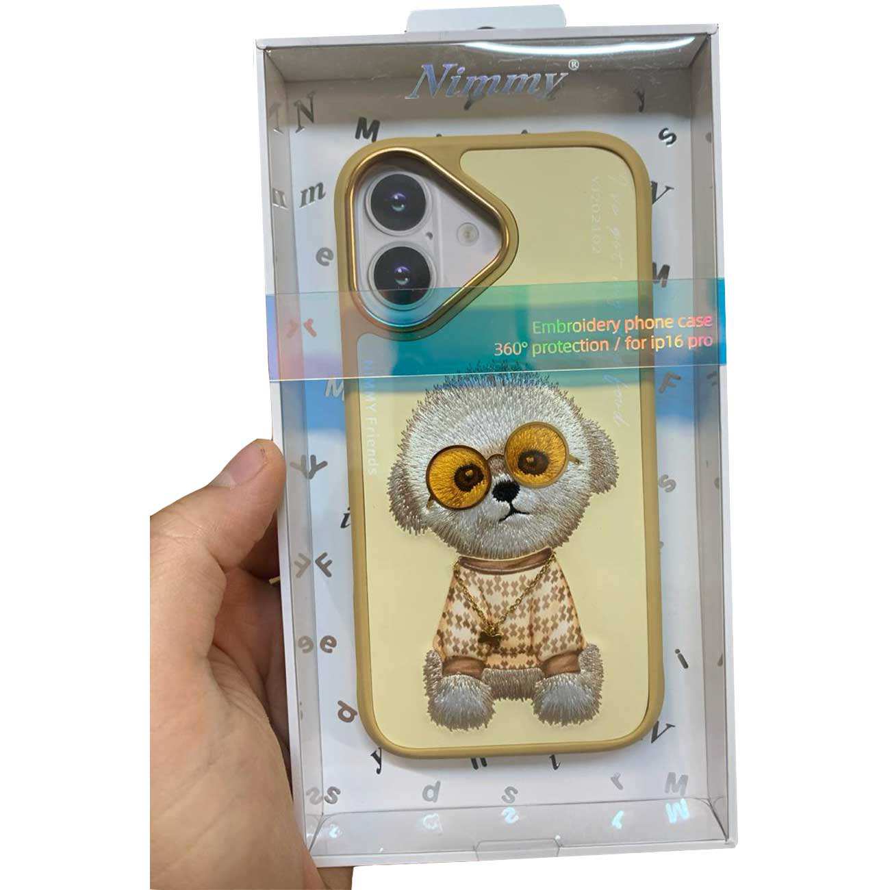 قاب گوشی آیفون 16 طرح سگ با عینک و گردنبند واقعی نیمی IP16-02