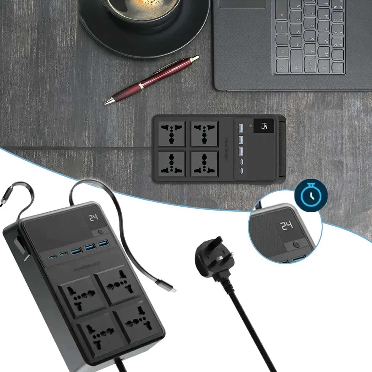 چند راهی و محافظ برق 2500 وات 4 سوکت، 3*USB و 2*تایپ سی پاورولوژی PWC029