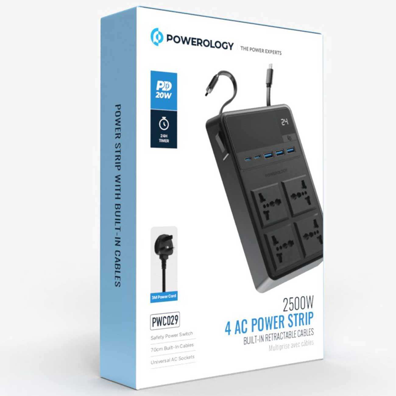 چند راهی و محافظ برق 2500 وات 4 سوکت، 3*USB و 2*تایپ سی پاورولوژی PWC029