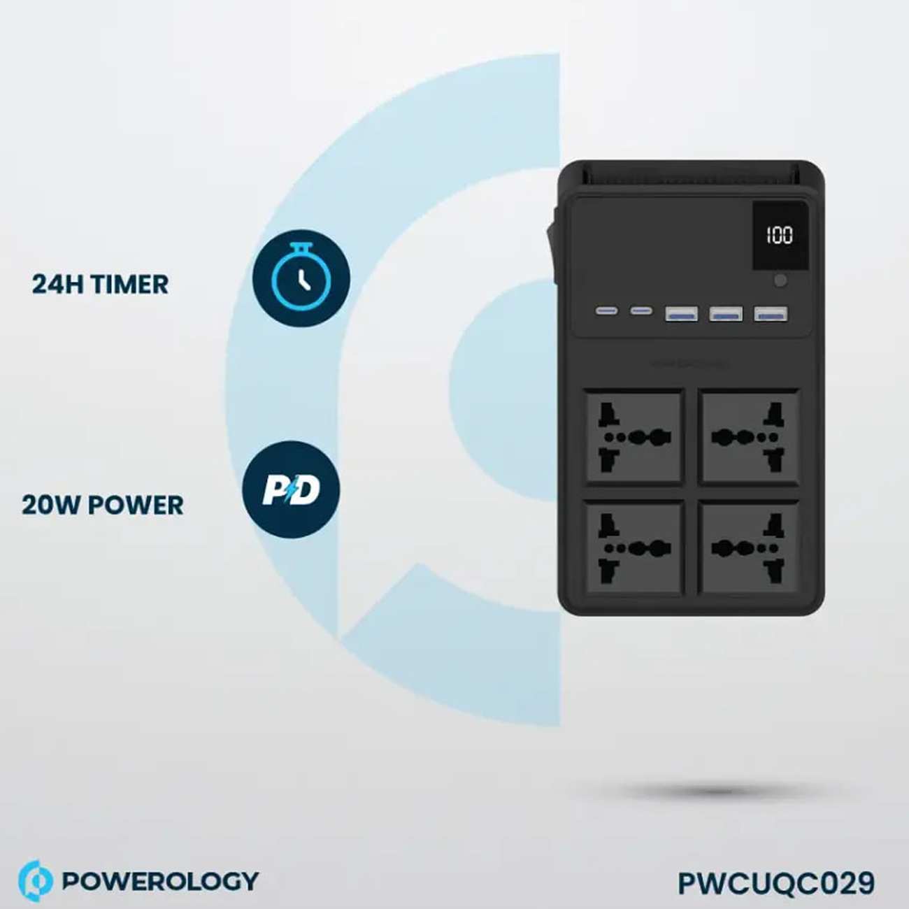 چند راهی و محافظ برق 2500 وات 4 سوکت، 3*USB و 2*تایپ سی پاورولوژی PWC029
