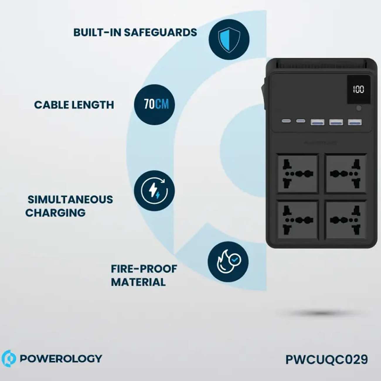 چند راهی و محافظ برق 2500 وات 4 سوکت، 3*USB و 2*تایپ سی پاورولوژی PWC029