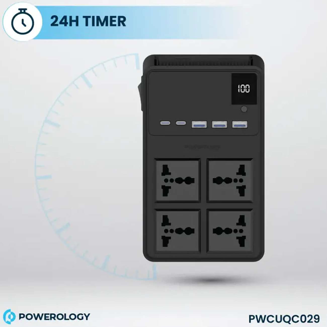 چند راهی و محافظ برق 2500 وات 4 سوکت، 3*USB و 2*تایپ سی پاورولوژی PWC029