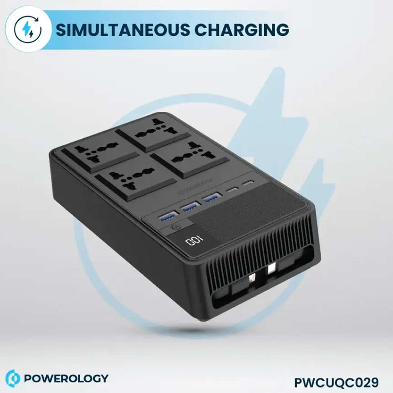 چند راهی و محافظ برق 2500 وات 4 سوکت، 3*USB و 2*تایپ سی پاورولوژی PWC029