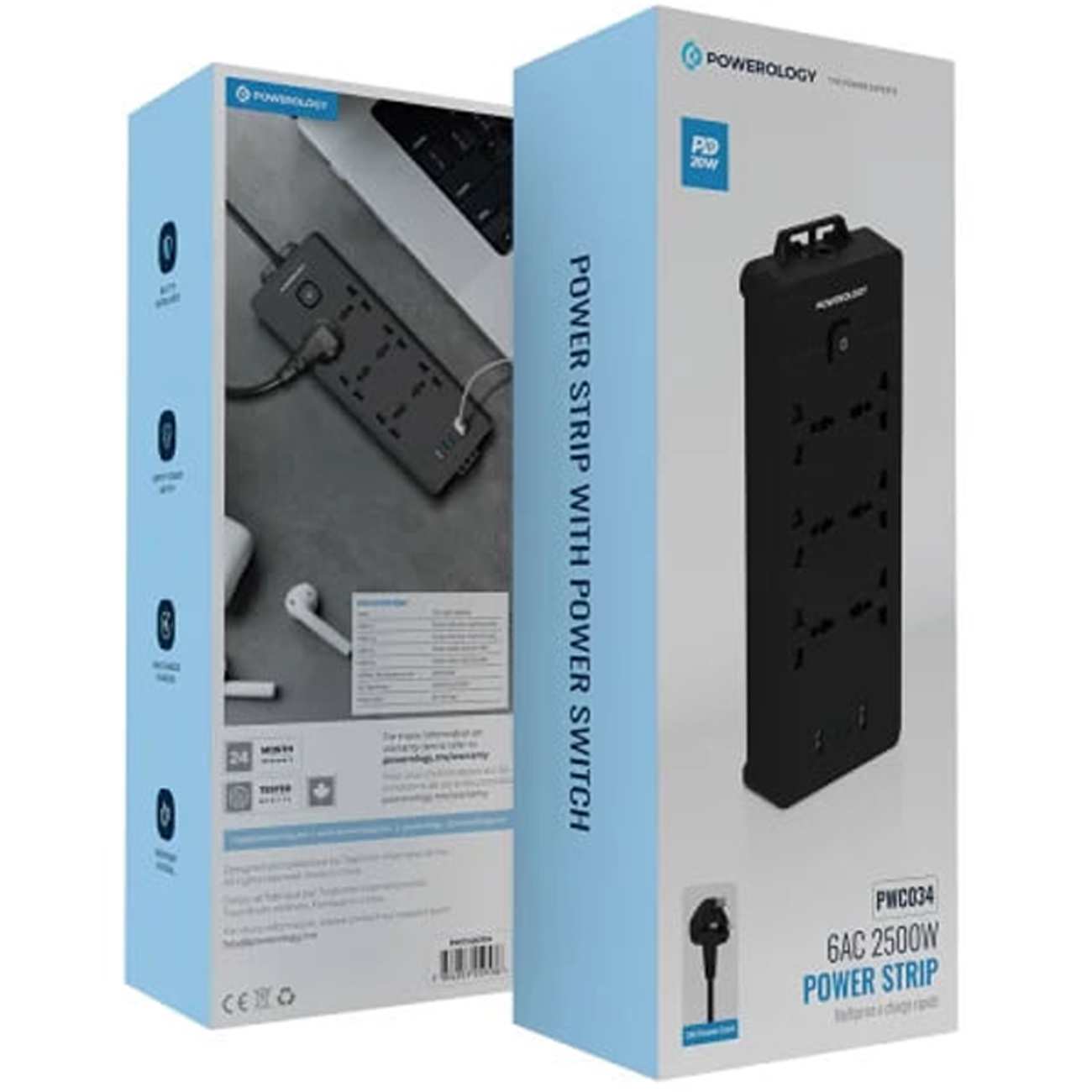 چند راهی و محافظ برق 2500 وات 6 سوکت، 2*USB و 2*تایپ سی پاورولوژی PWCUQC034