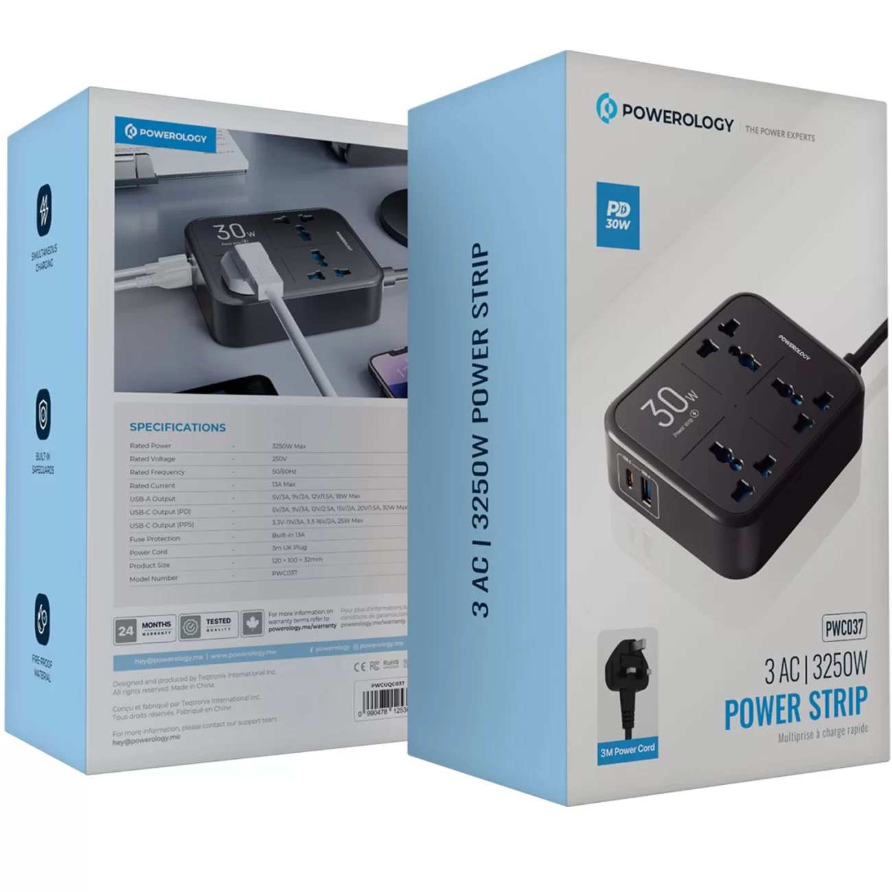 چند راهی و محافظ برق 3250 وات سه سوکت، یک USB و یک تایپ سی پاورولوژی PWCUQC037