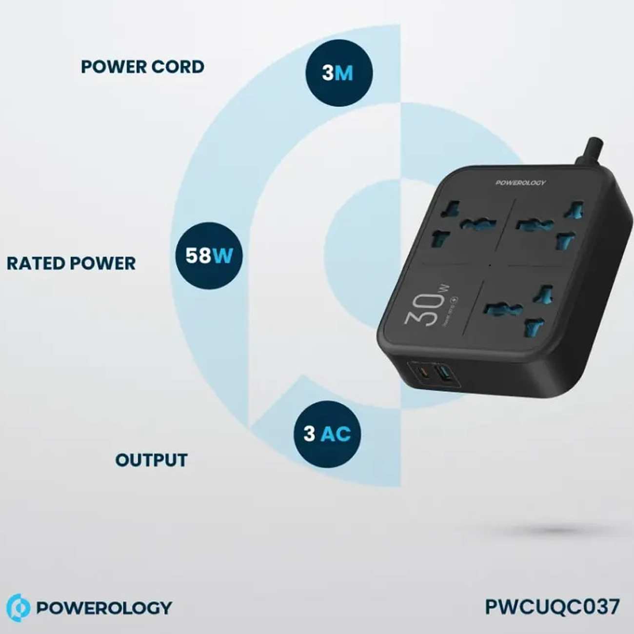 چند راهی و محافظ برق 3250 وات سه سوکت، یک USB و یک تایپ سی پاورولوژی PWCUQC037