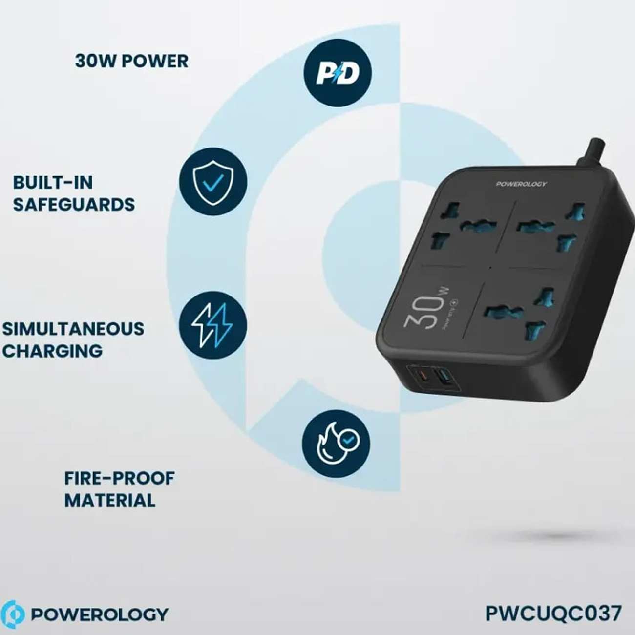 چند راهی و محافظ برق 3250 وات سه سوکت، یک USB و یک تایپ سی پاورولوژی PWCUQC037