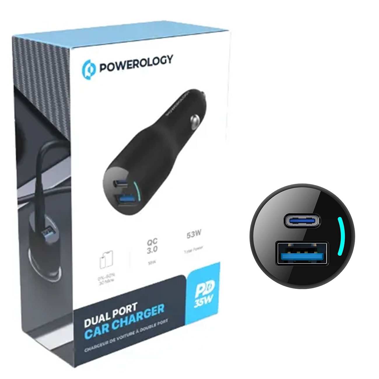 شارژر فندکی فست شارژ ماشین USB و تایپ سی 53 وات پاورولوژی PCCSR012