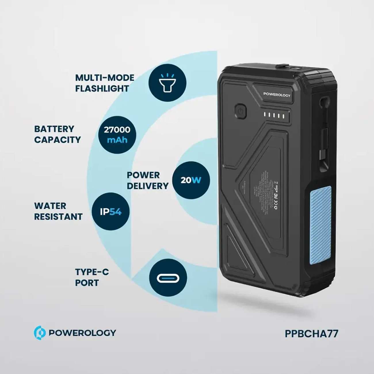 پاوربانک وایرلس خورشیدی 27000 تایپ سی و یو اس بی 22.5 وات پاورولوژی PP077 PPBCHA77 دارای چراغقوه
