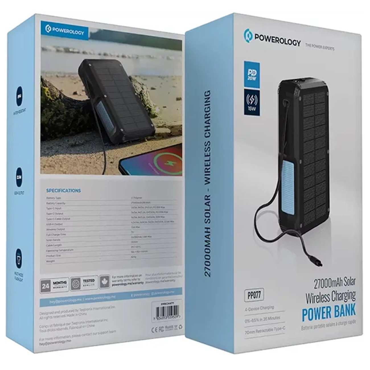 پاوربانک وایرلس خورشیدی 27000 تایپ سی و یو اس بی 22.5 وات پاورولوژی PP077 PPBCHA77 دارای چراغقوه