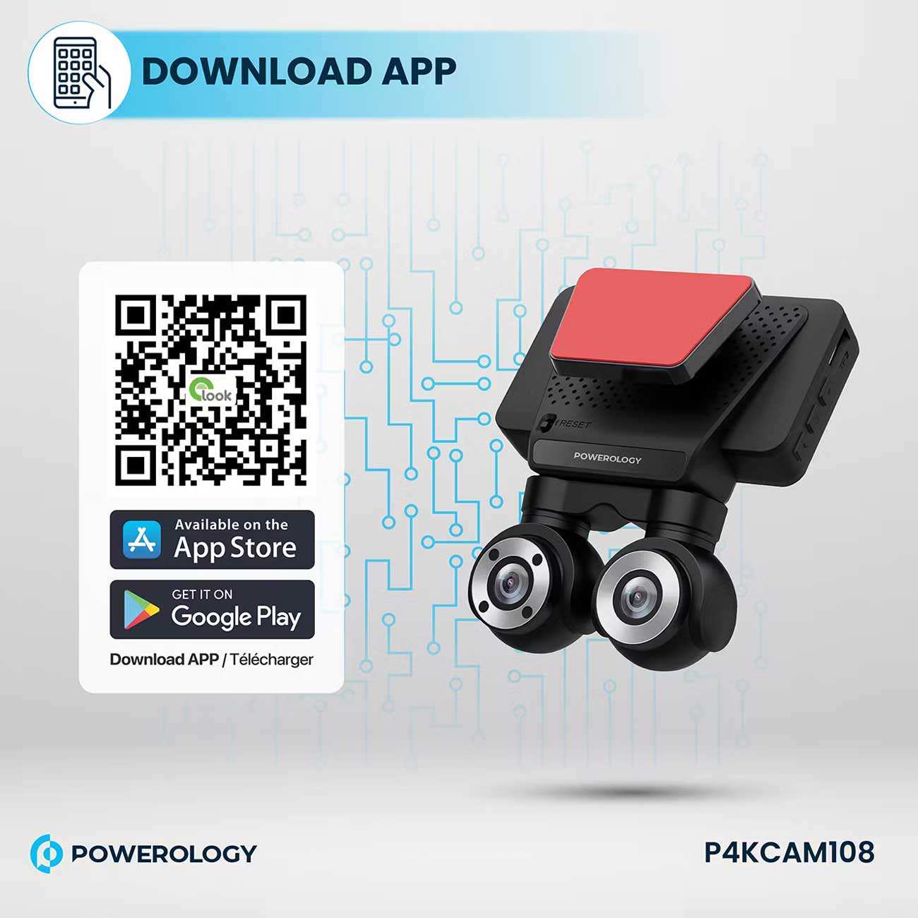 دوربین ثبت وقایع خودرو 4k پاورولوژی P4KCAM108 با دو لنز دوربین