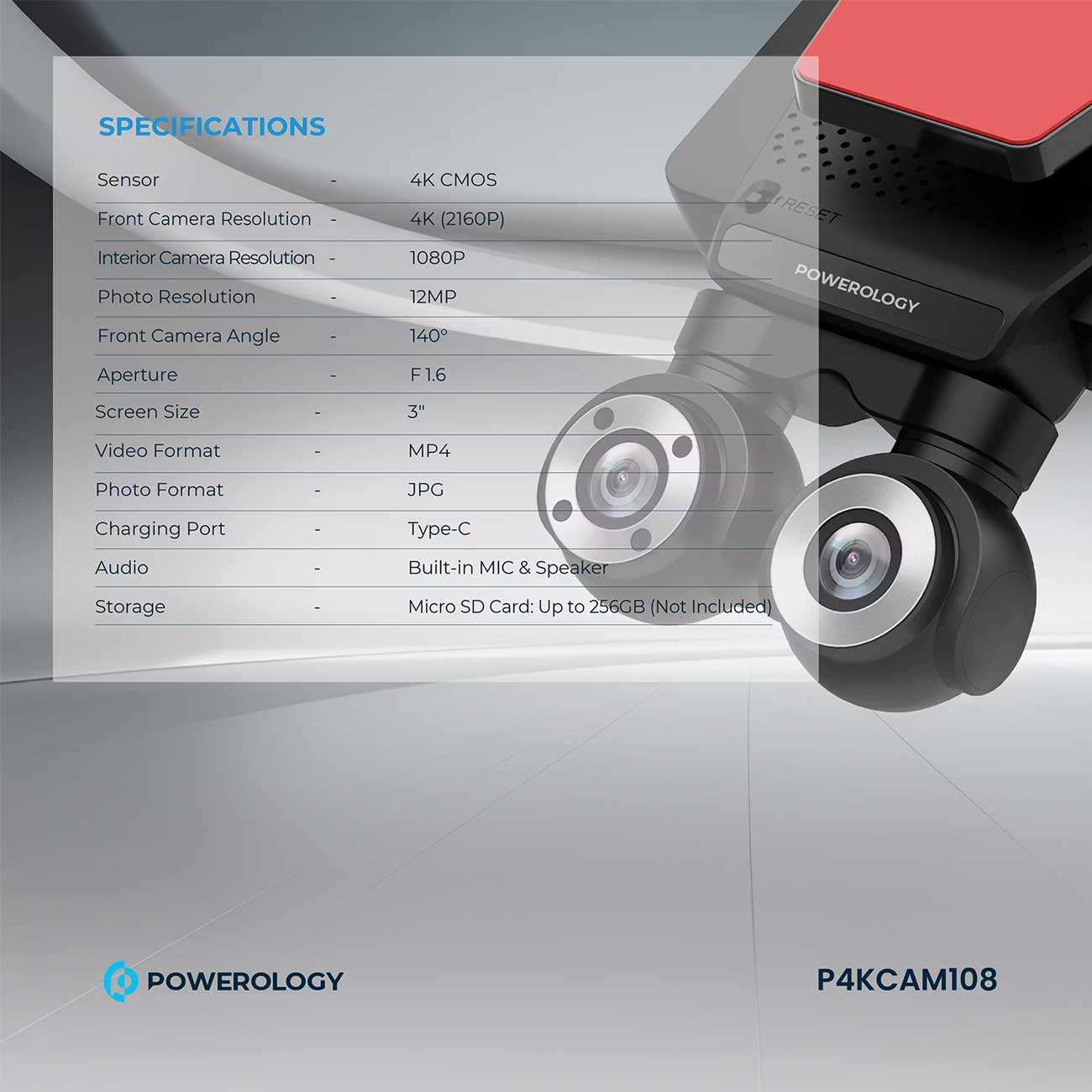 دوربین ثبت وقایع خودرو 4k پاورولوژی P4KCAM108 با دو لنز دوربین