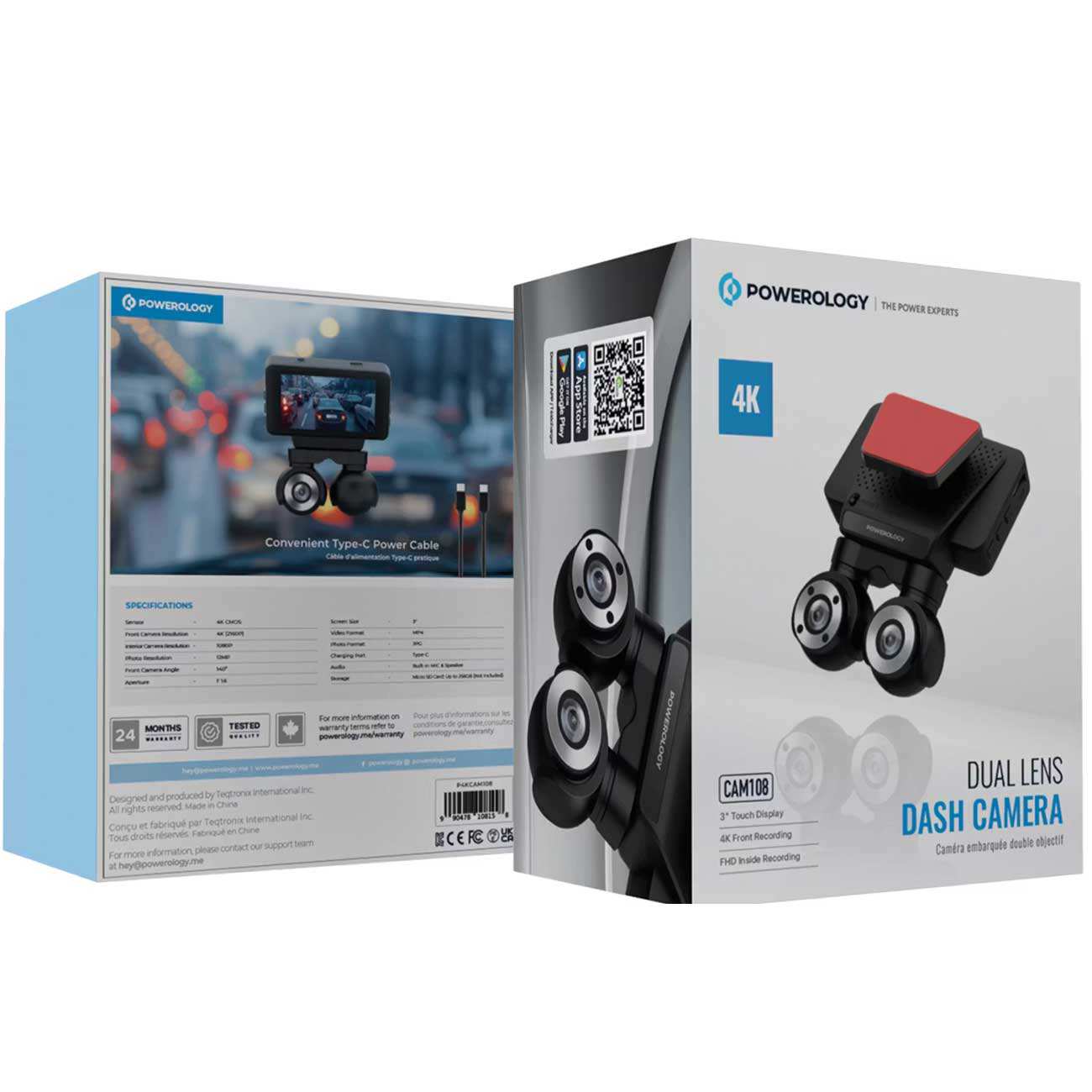 دوربین ثبت وقایع خودرو 4k پاورولوژی P4KCAM108 با دو لنز دوربین