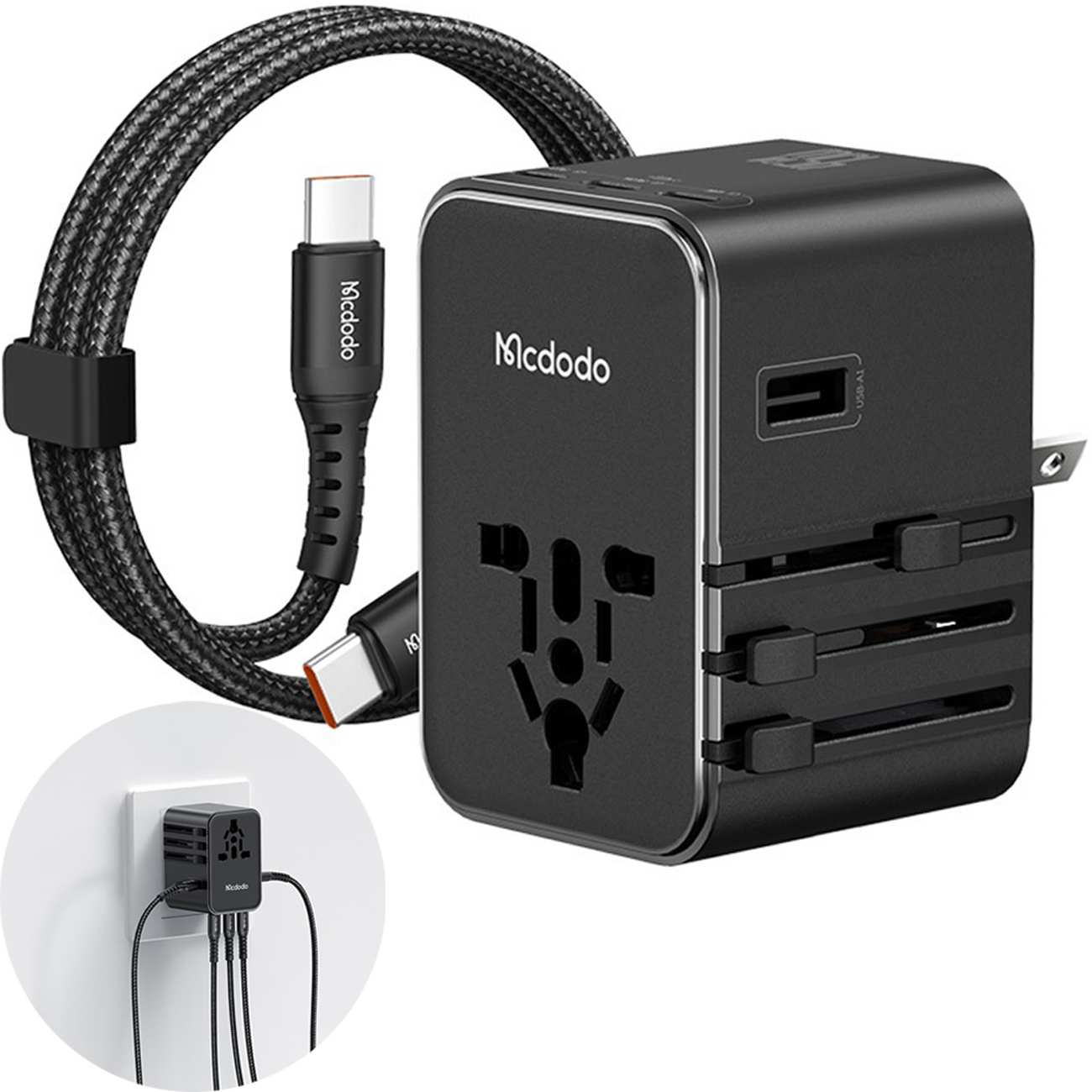 شارژر دیواری USB، تایپ سی 45 وات و تبدیل پریز 2500 وات مکدودو CP-3270 با کابل تایپ سی به تایپ سی