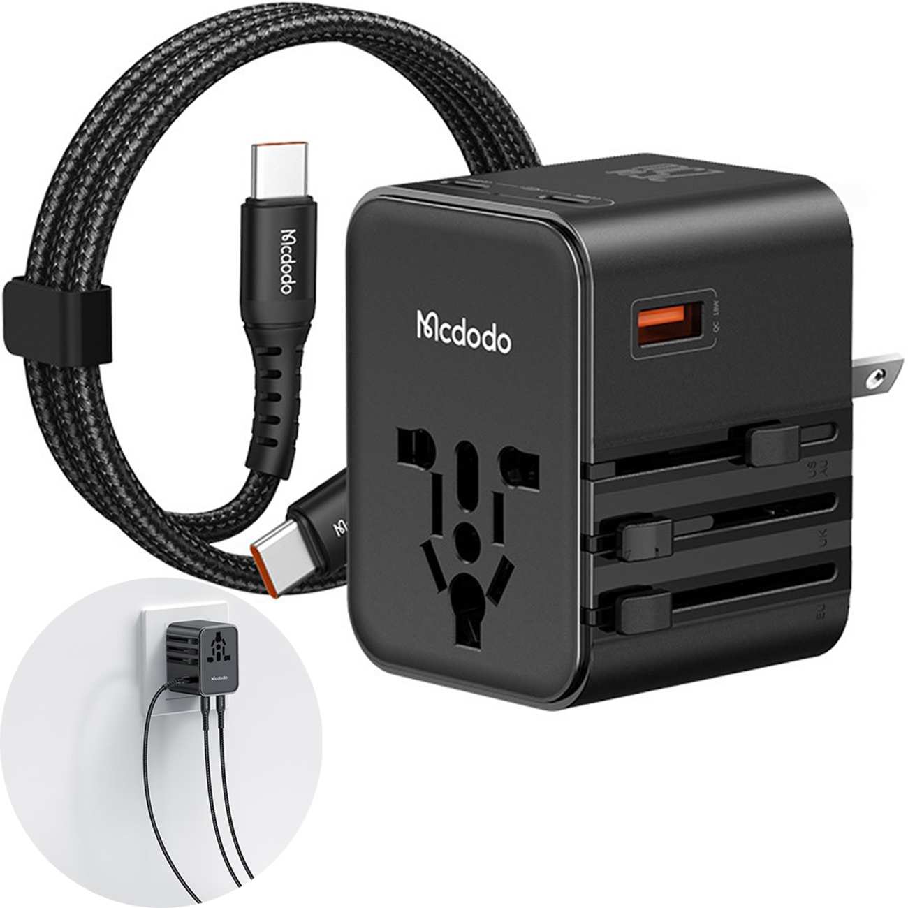 تبدیل پریز و شارژر دیواری مسافرتی USB و تایپ سی 25 وات مکدودو CP-3260 با کابل تایپ سی به تایپ سی